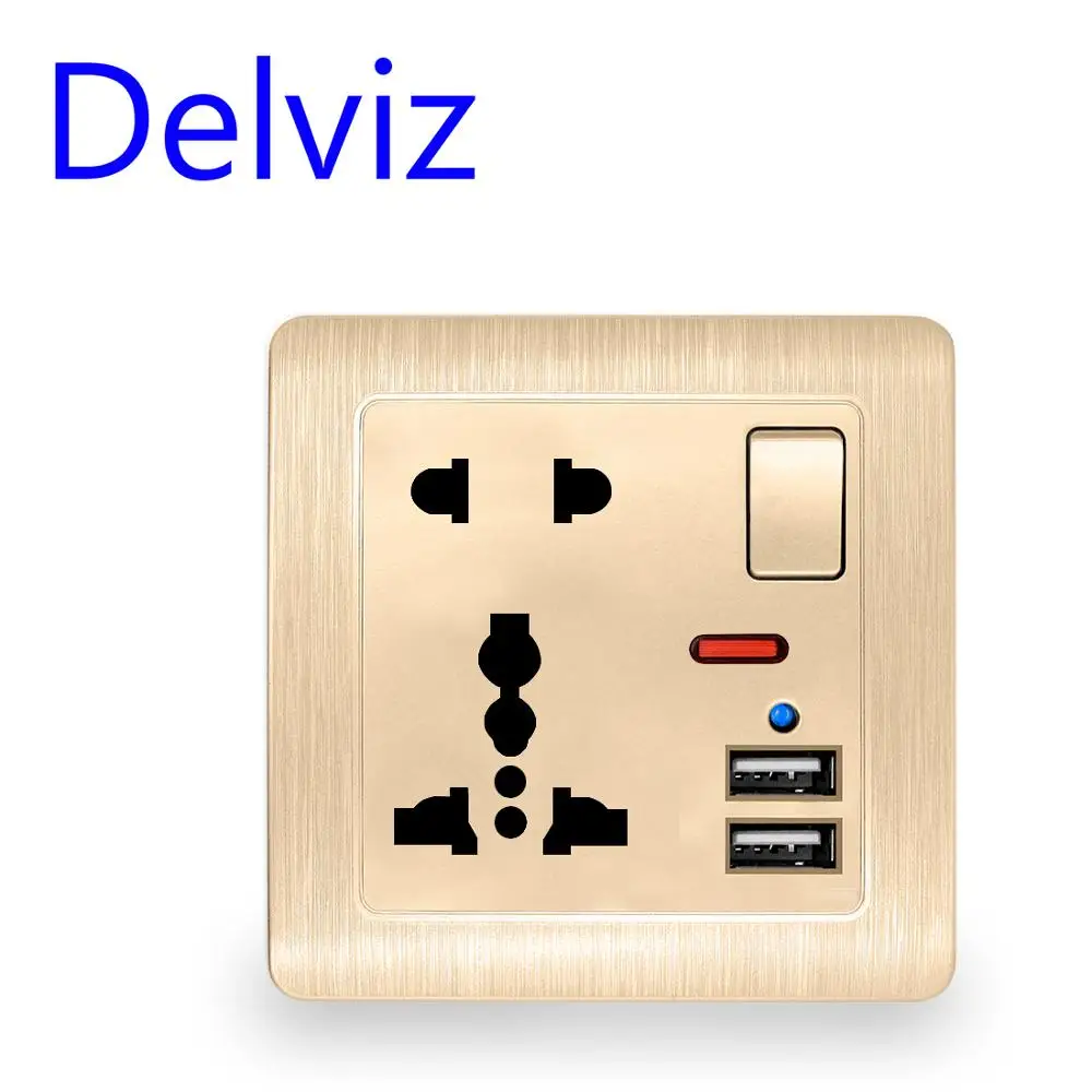 Wall power usb socket Switch control With light 110~250V Gold/White International universal panel 13A universal five hole socket