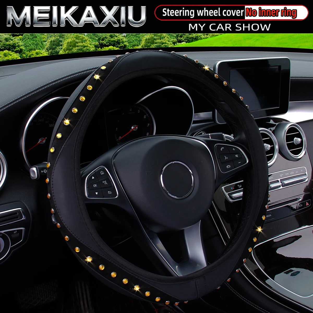Women's Sparkling PU Leather Steering Wheel Cover with Artificial Gemstones Car Decorative Rimless Accessory
