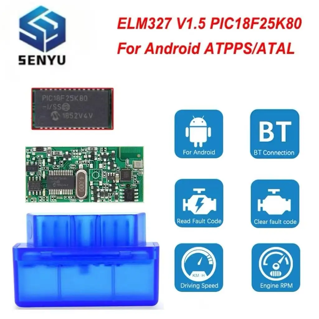 მინი Bluetooth ELM327 V1.5 PIC18F25K80 ავტომატური OBD სკანერი Android-ისთვის ELM 327 V1.5