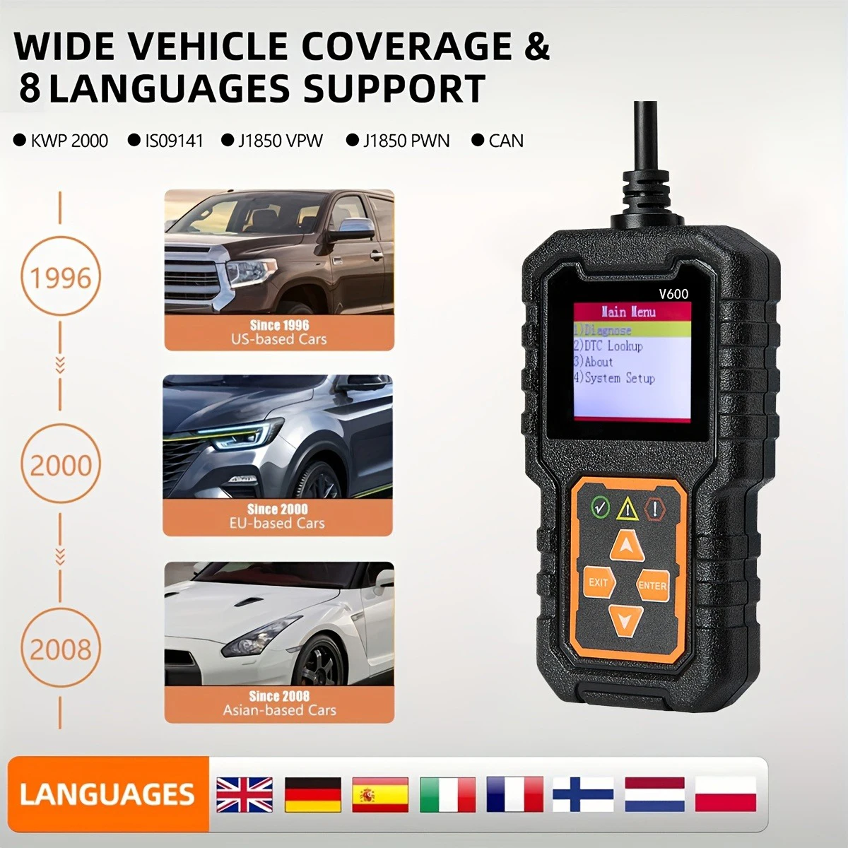 OBDII სკანერი ავტომობილის დიაგნოსტიკური ინსტრუმენტი, ძრავის გაუმართაობის კოდის წამკითხველი