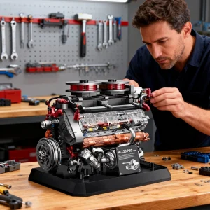 მანქანის/ტანკის ძრავის მოდელი, მაღალი სირთულის მექანიკური აწყობის სამშენებლო ბლოკების ორნამენტი.