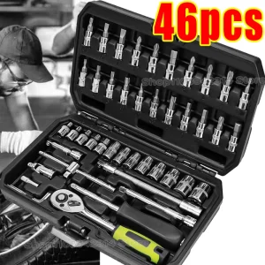 46 ცალი 1/4 ინჩიანი წამყვანი ბუდის ნაკრები მეტრული სახრახნისი გასაღებების ნაკრები სახლის ავტომობილის შეკეთებისთვის