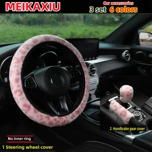 3 pcs plush leopard print car rimless steering wheel cover, handbrake cover, gearshift cover, car decoration for women