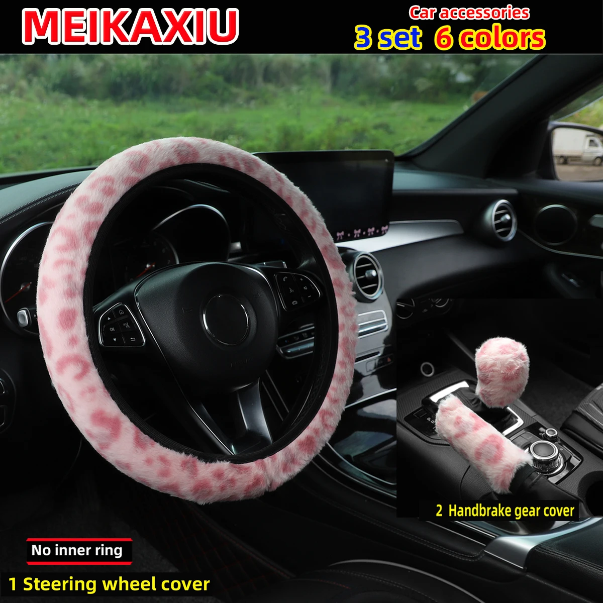 3 pcs plush leopard print car rimless steering wheel cover, handbrake cover, gearshift cover, car decoration for women