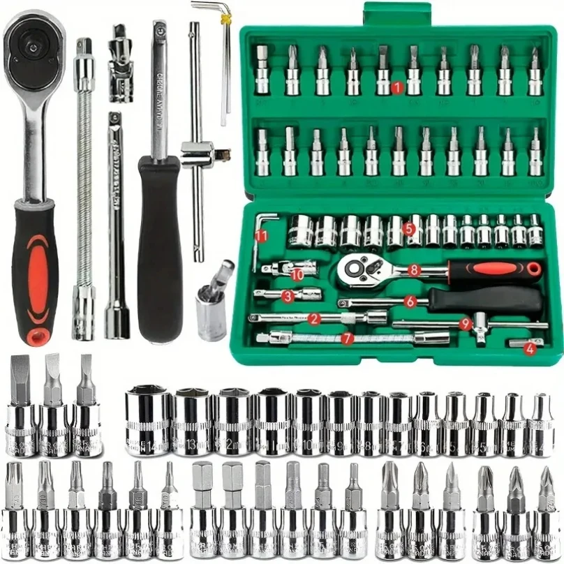 46 ცალი 1/4 ინჩიანი წამყვანი ბუდის ნაკრები მეტრული სახრახნისი გასაღებების ნაკრები სახლის ავტომობილის შეკეთებისთვის